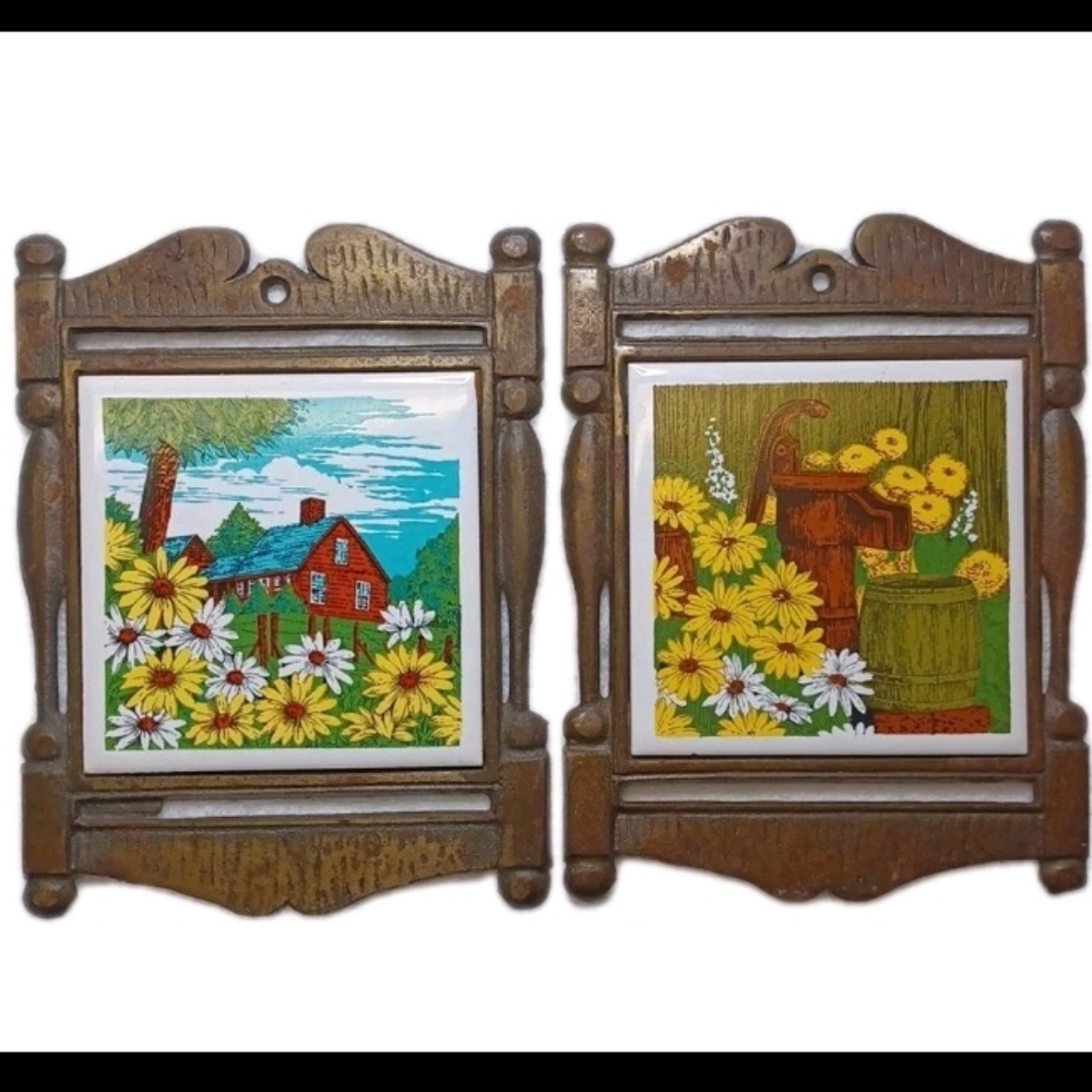 Pair of Vintage Cast Iron Tile Trivets/ Wall Hangings. Made In Japan by Cherry.